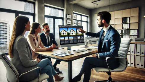 Real estate agent presents property options to clients in a modern office, showing information on a monitor.