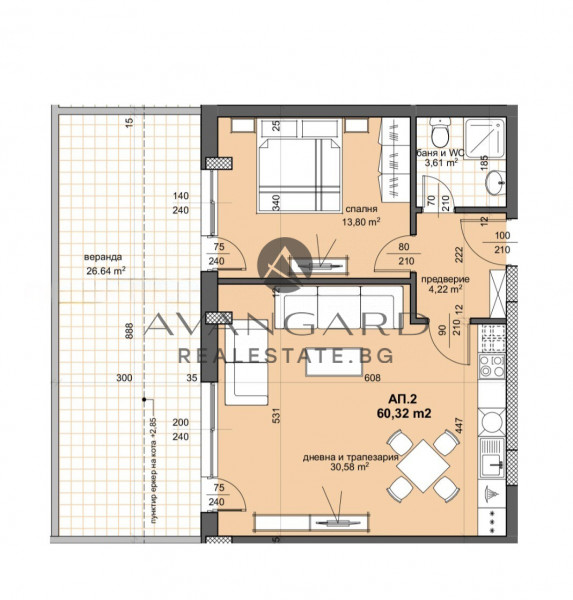 One bedroom apartment with 30 sq.m. Hall and 27 sq. M. VERANDA/ Ostromila