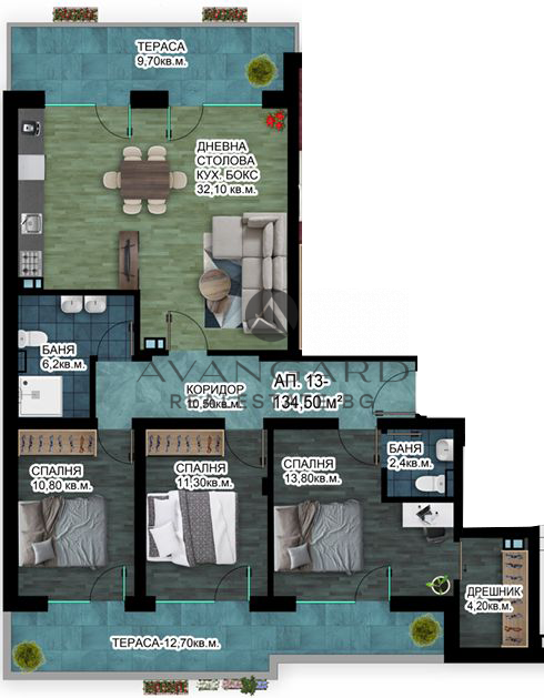 Four-room apartment with three-meter high ceilings